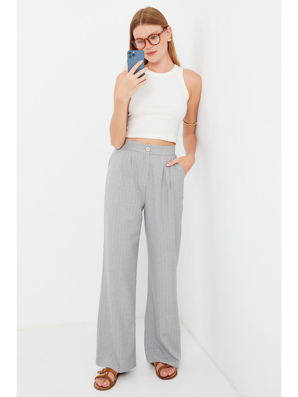 6638 Yüksek Bel Palazzo Pantolon - Gri