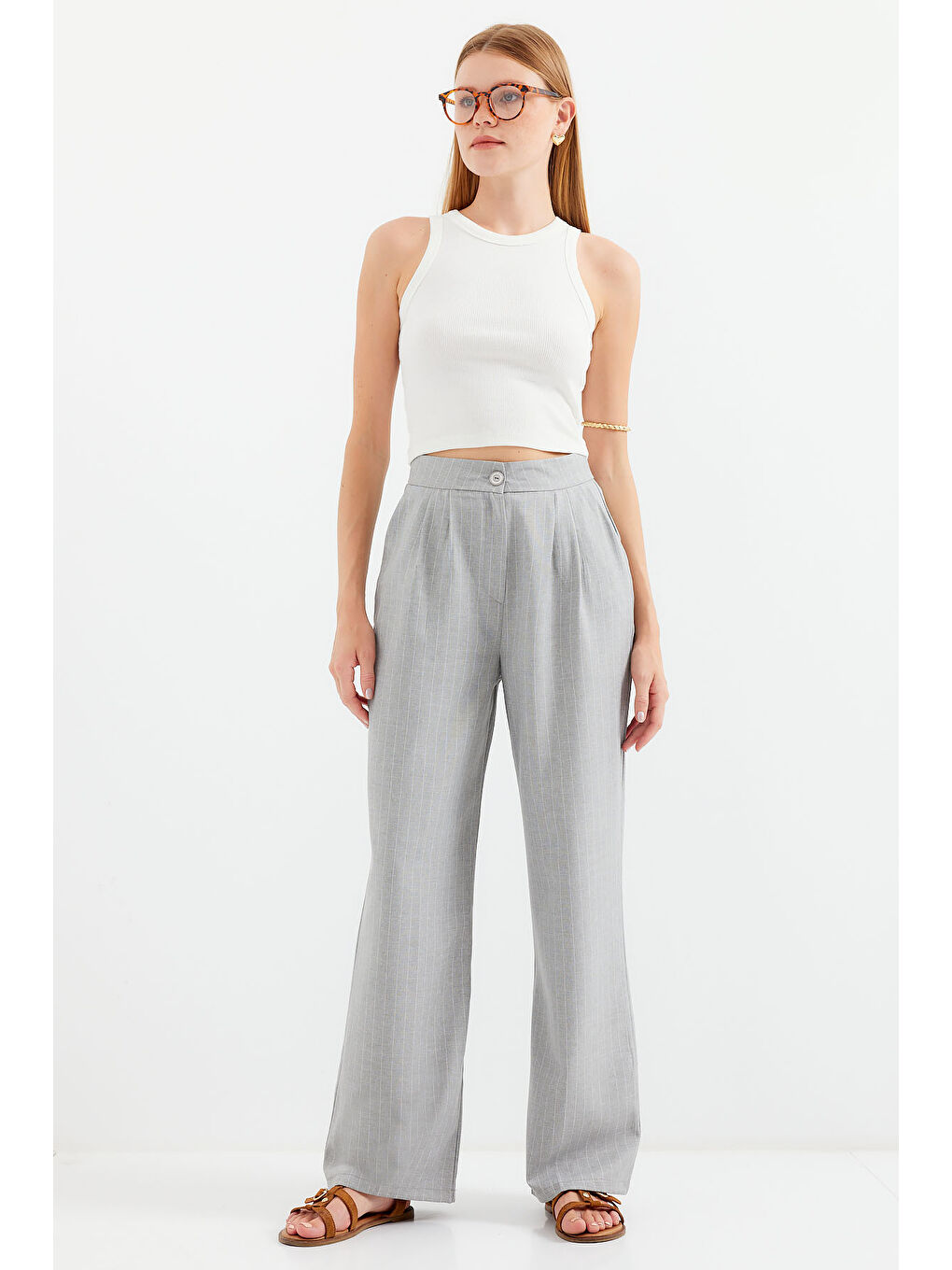 6638 Yüksek Bel Palazzo Pantolon - Gri-3