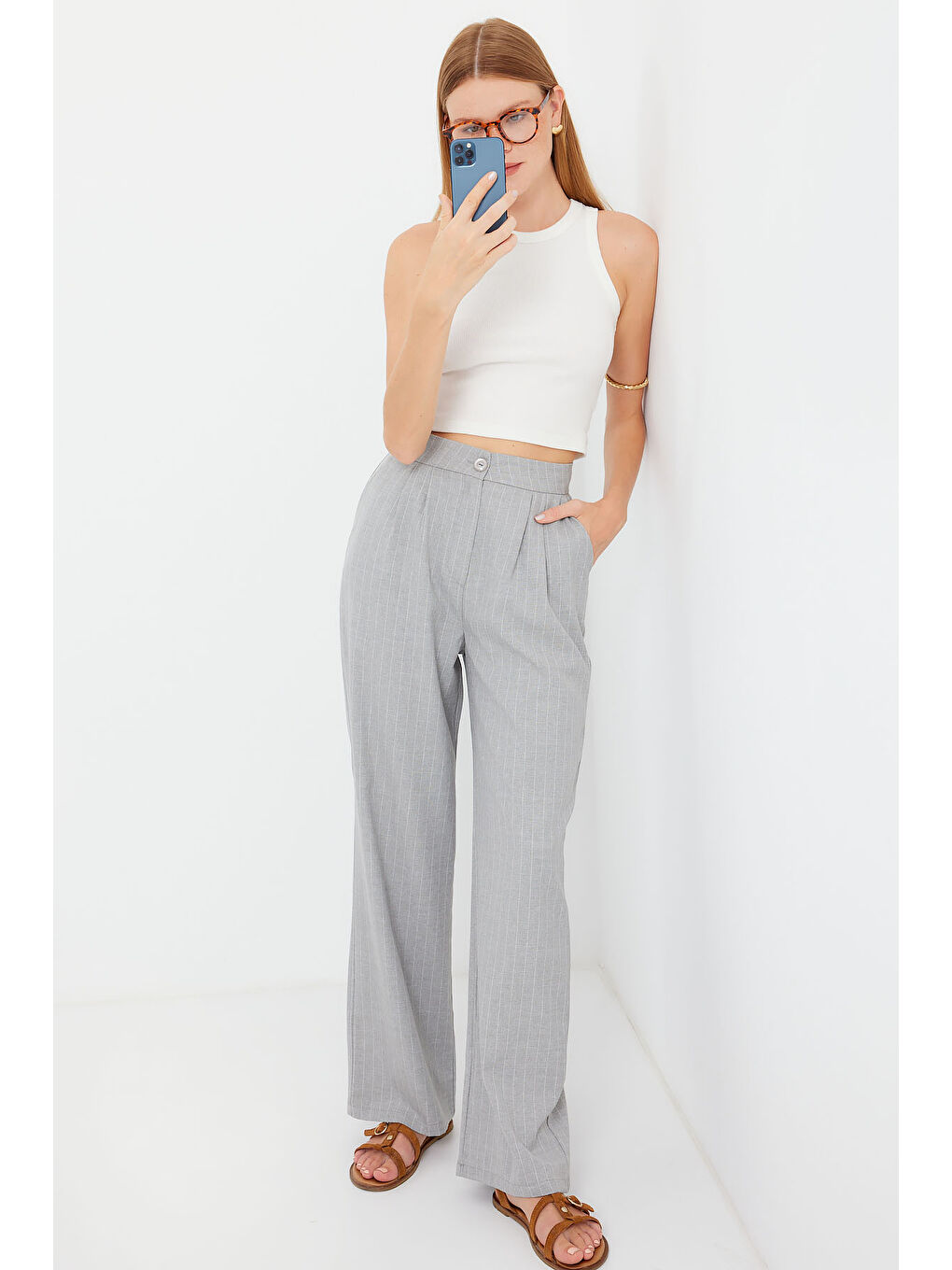 6638 Yüksek Bel Palazzo Pantolon - Gri-5