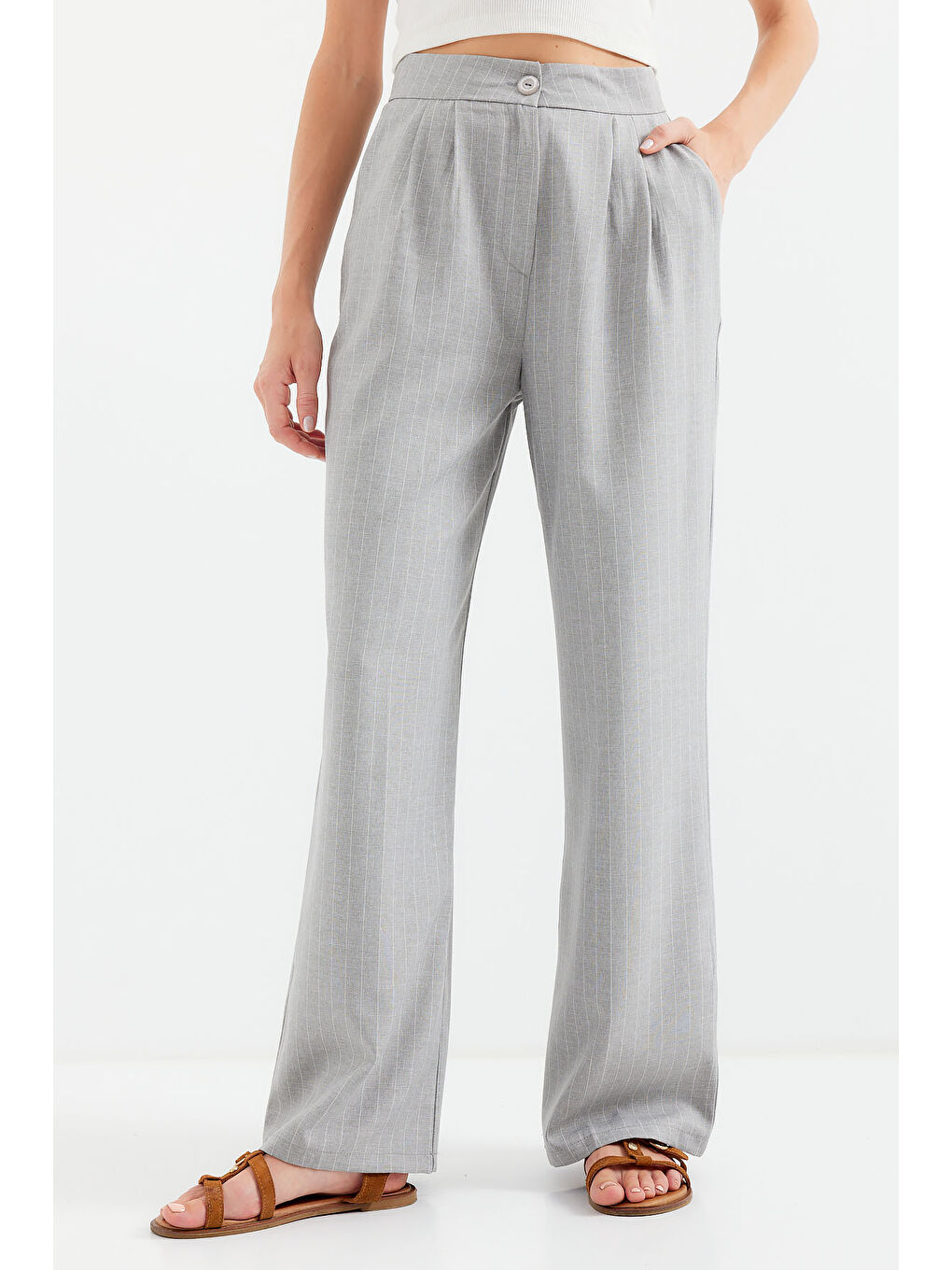 6638 Yüksek Bel Palazzo Pantolon - Gri-7