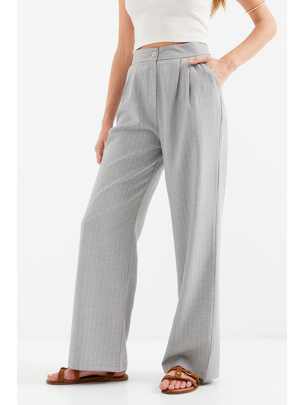 6638 Yüksek Bel Palazzo Pantolon - Gri-9