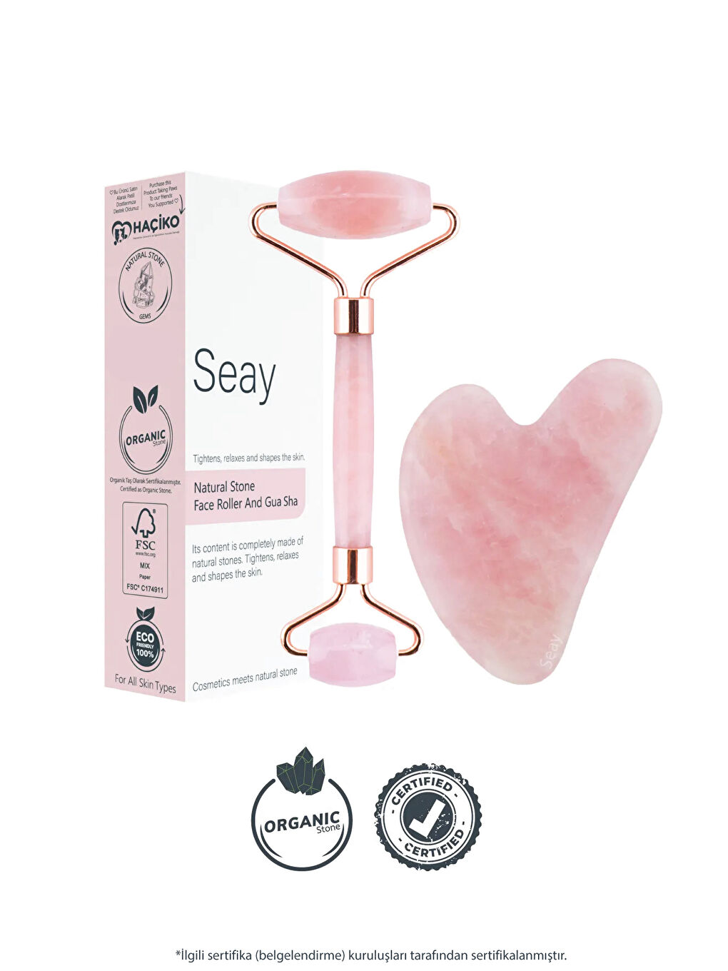 Pembe Kuvars Face Roller Ve Kalp Gua Sha Yüz Masaj Aleti Seti Değerli Doğaltaş Sertifikalı