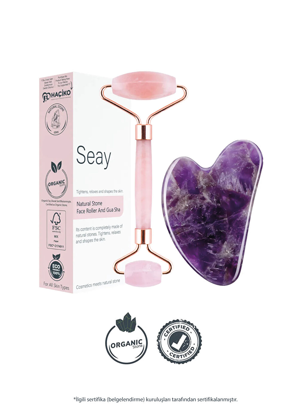 Pembe Kuvars Face Roller Ve Ametist Kalp Gua Sha Yüz Masaj Aleti Seti Değerli Doğaltaş Sertifikalı