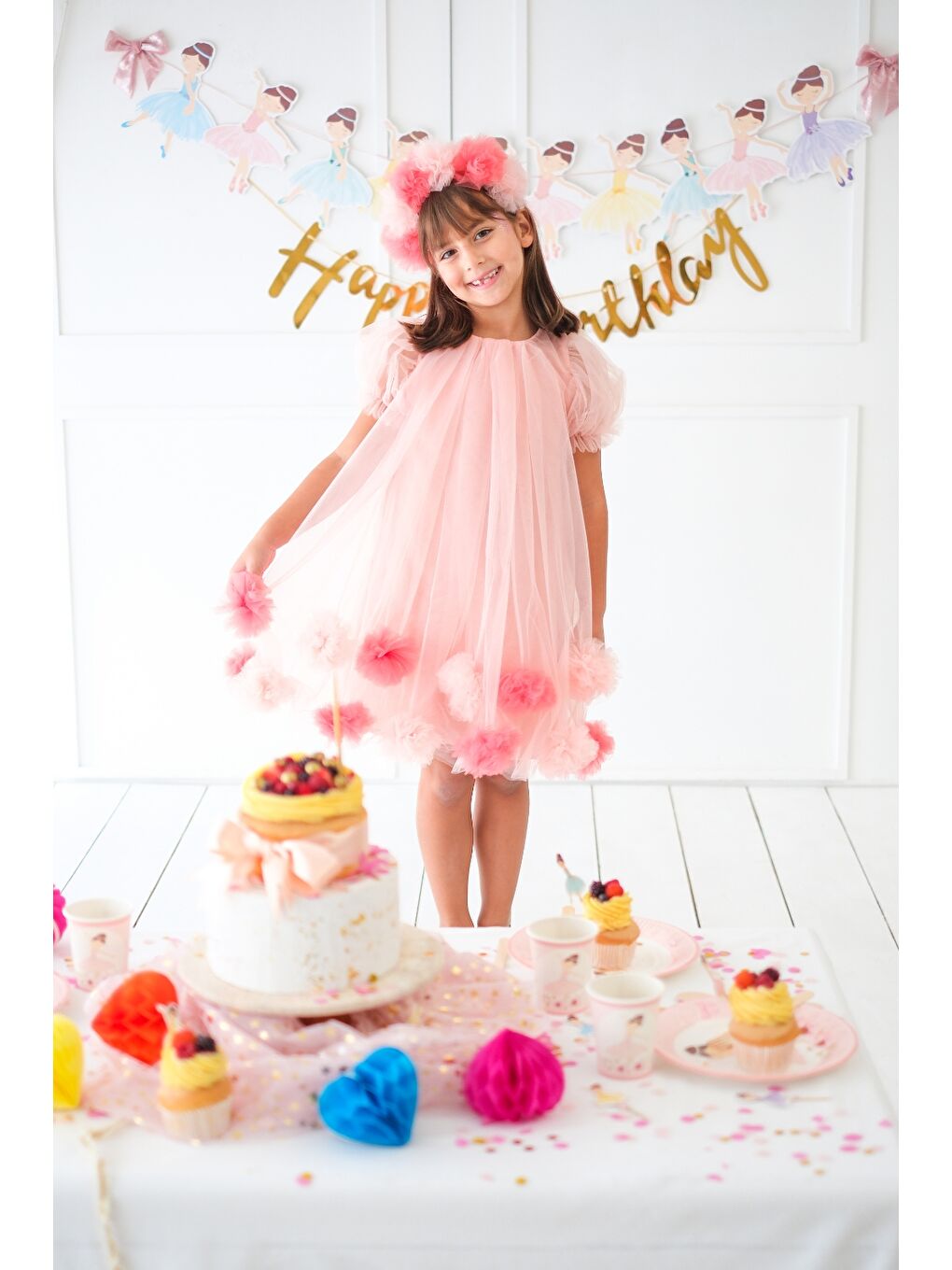 Pembe Kısa Kollu Eteği Ponponlu Kız Çocuk Elbise - Lavonne-1