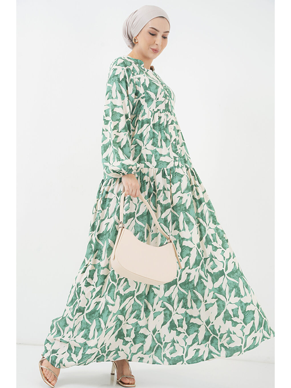 2423 Otantik Desenli Tesettür Elbise - Z.Yeşil-2