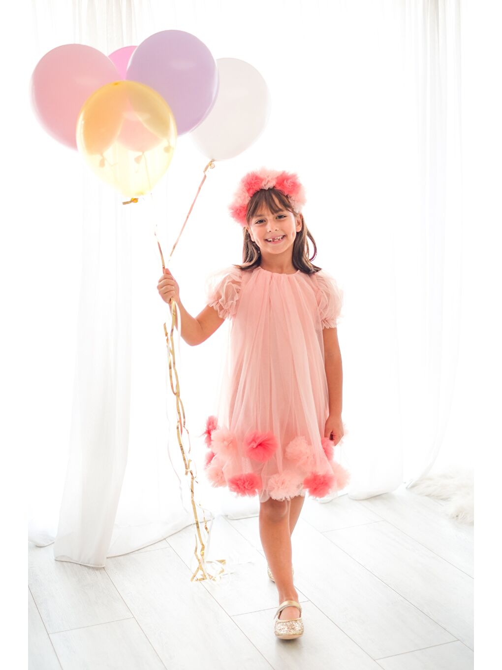 Pembe Kısa Kollu Eteği Ponponlu Kız Çocuk Elbise - Lavonne-3