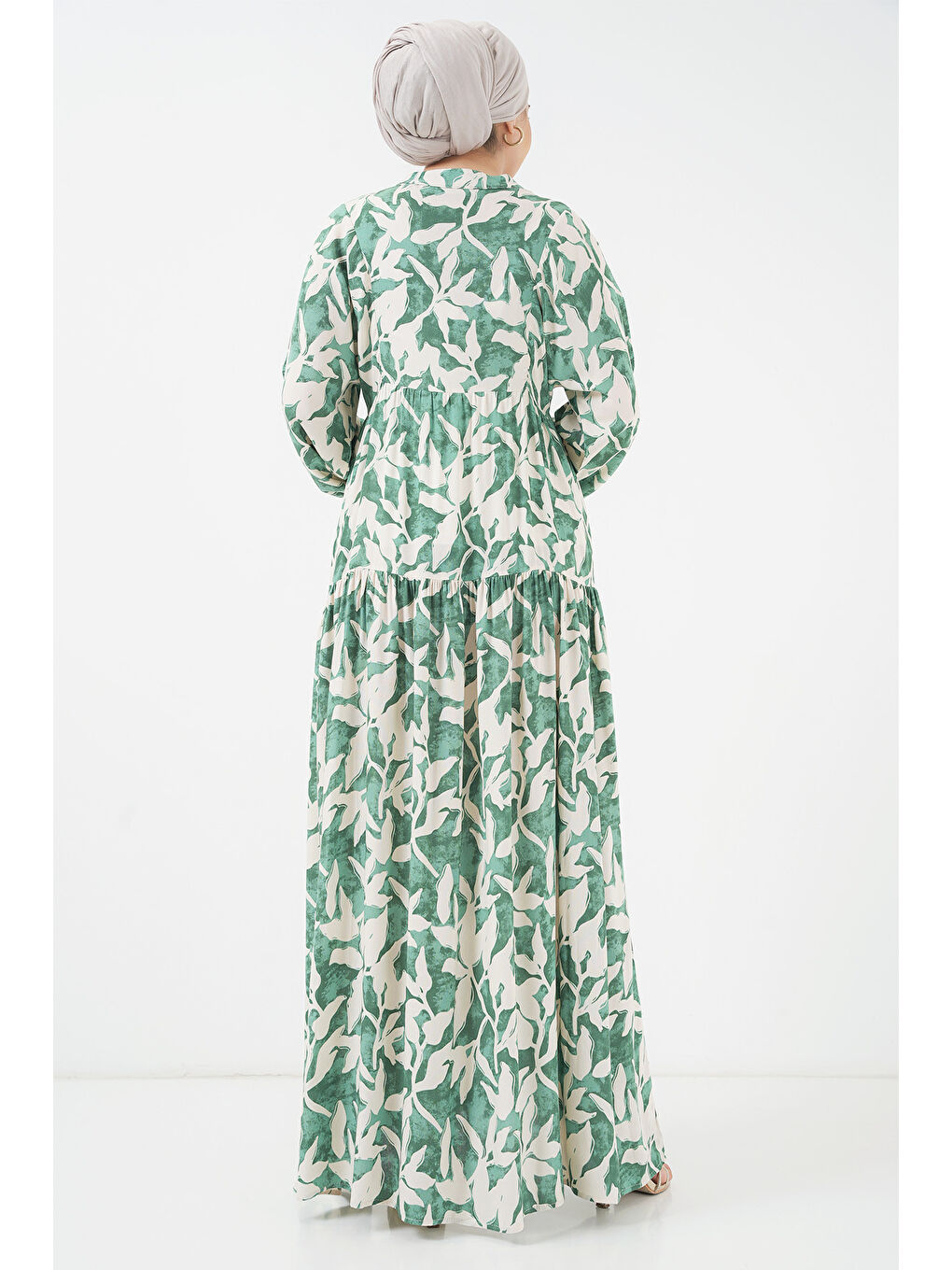 2423 Otantik Desenli Tesettür Elbise - Z.Yeşil-4