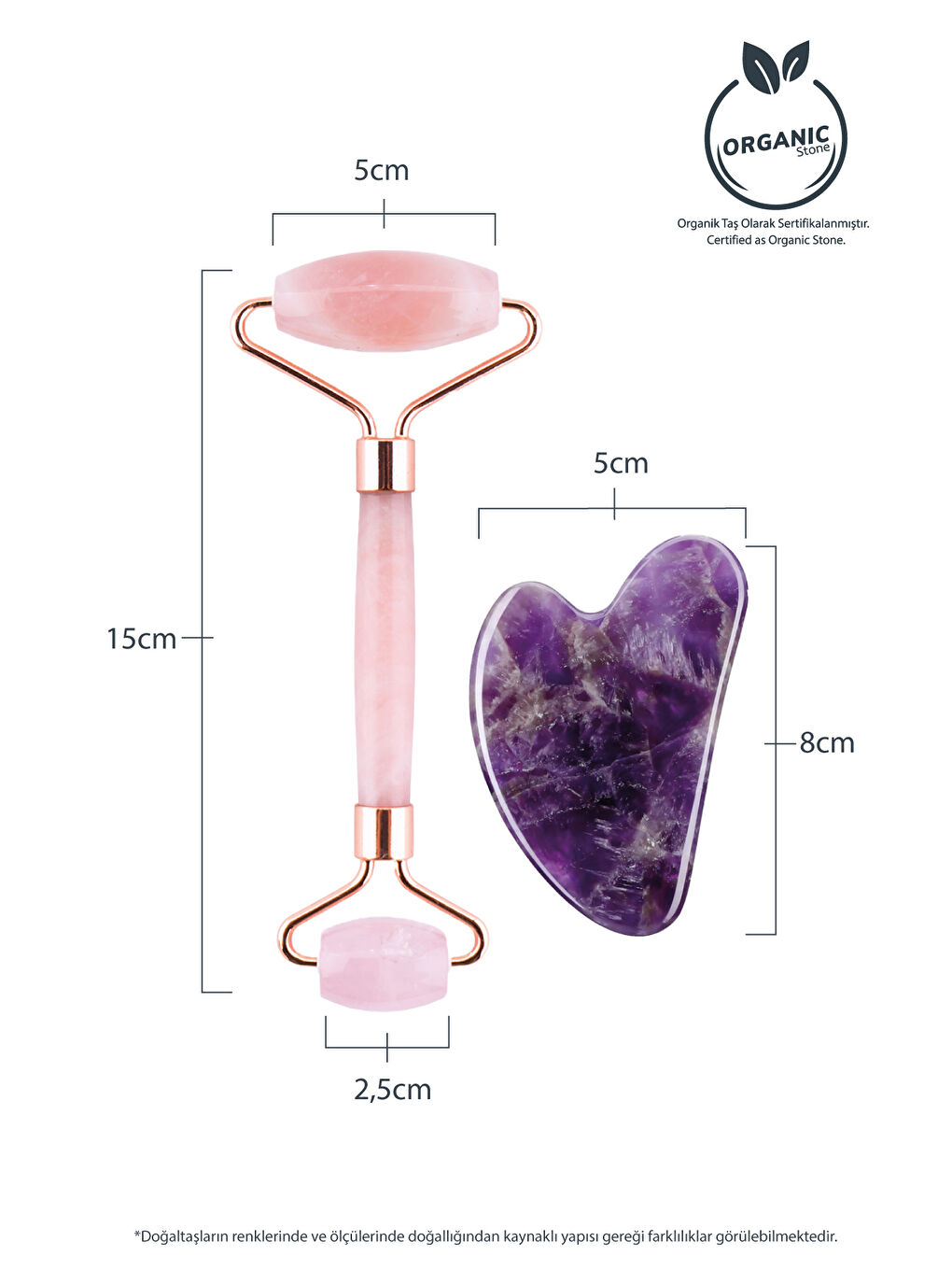 Pembe Kuvars Face Roller Ve Ametist Kalp Gua Sha Yüz Masaj Aleti Seti Değerli Doğaltaş Sertifikalı-5