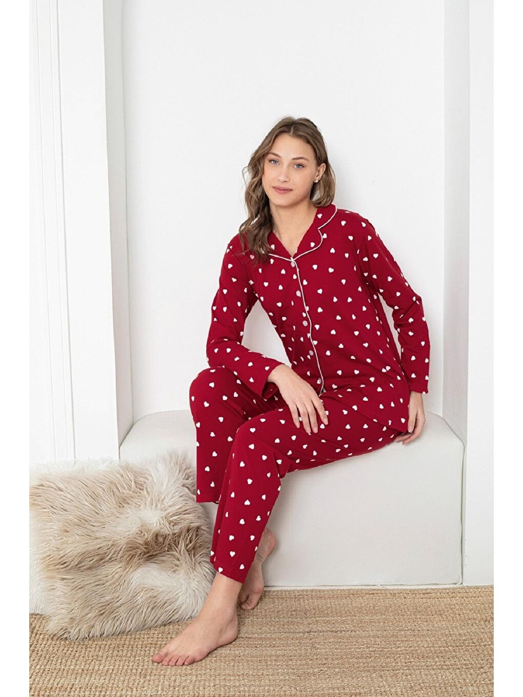 ENİSENA Bordo Kadın Pijama Takımı-Kalp Desenli-Düğmeli-S-M-L-XL 5954Kpx