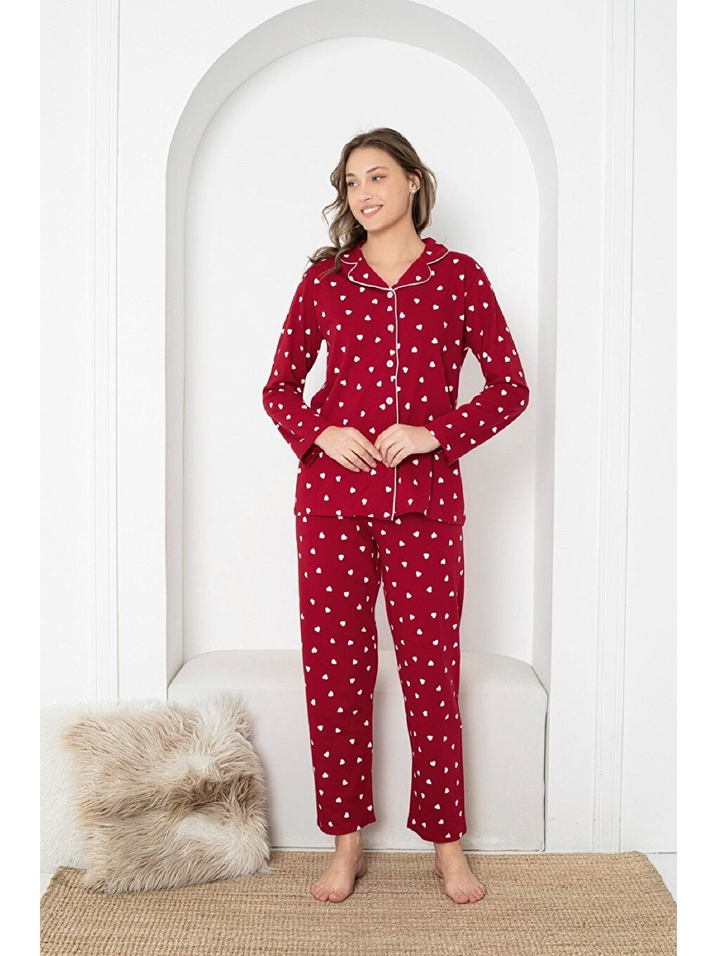 ENİSENA Bordo Kadın Pijama Takımı-Kalp Desenli-Düğmeli-S-M-L-XL 5954Kpx - 1