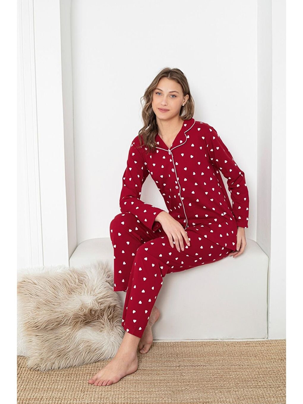 ENİSENA Bordo Kadın Pijama Takımı-Kalp Desenli-Düğmeli-S-M-L-XL 5954Kpx - 2