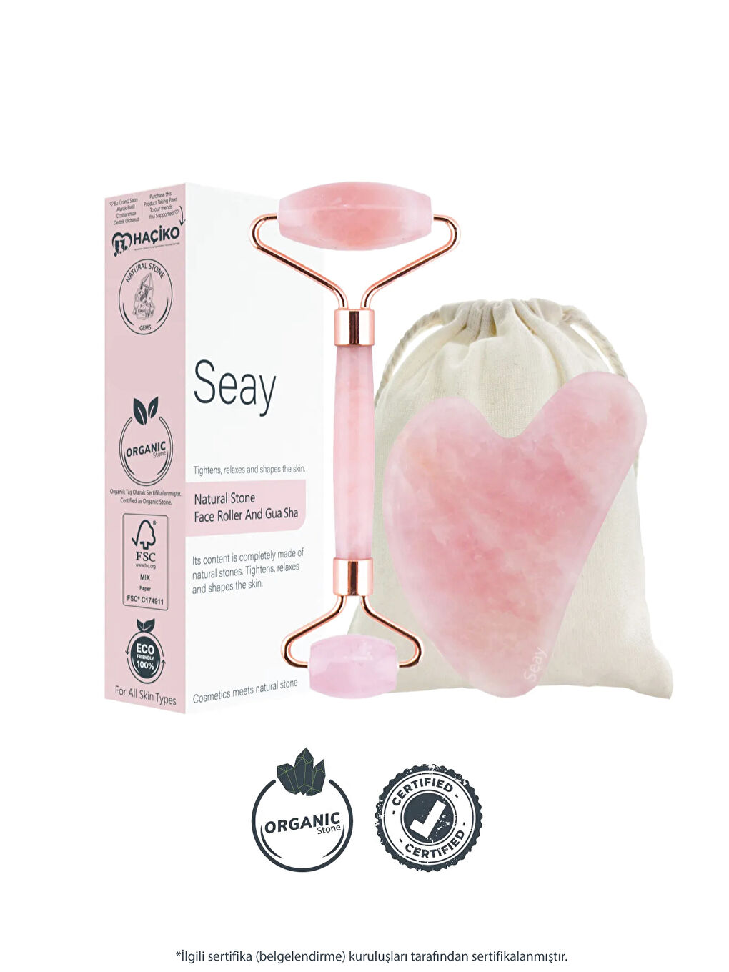 Pembe Kuvars Roller Ve Pembe Kalp Gua Sha Yüz Masaj Aleti Seti Keseli Değerli Doğal Taş Sertifikalı