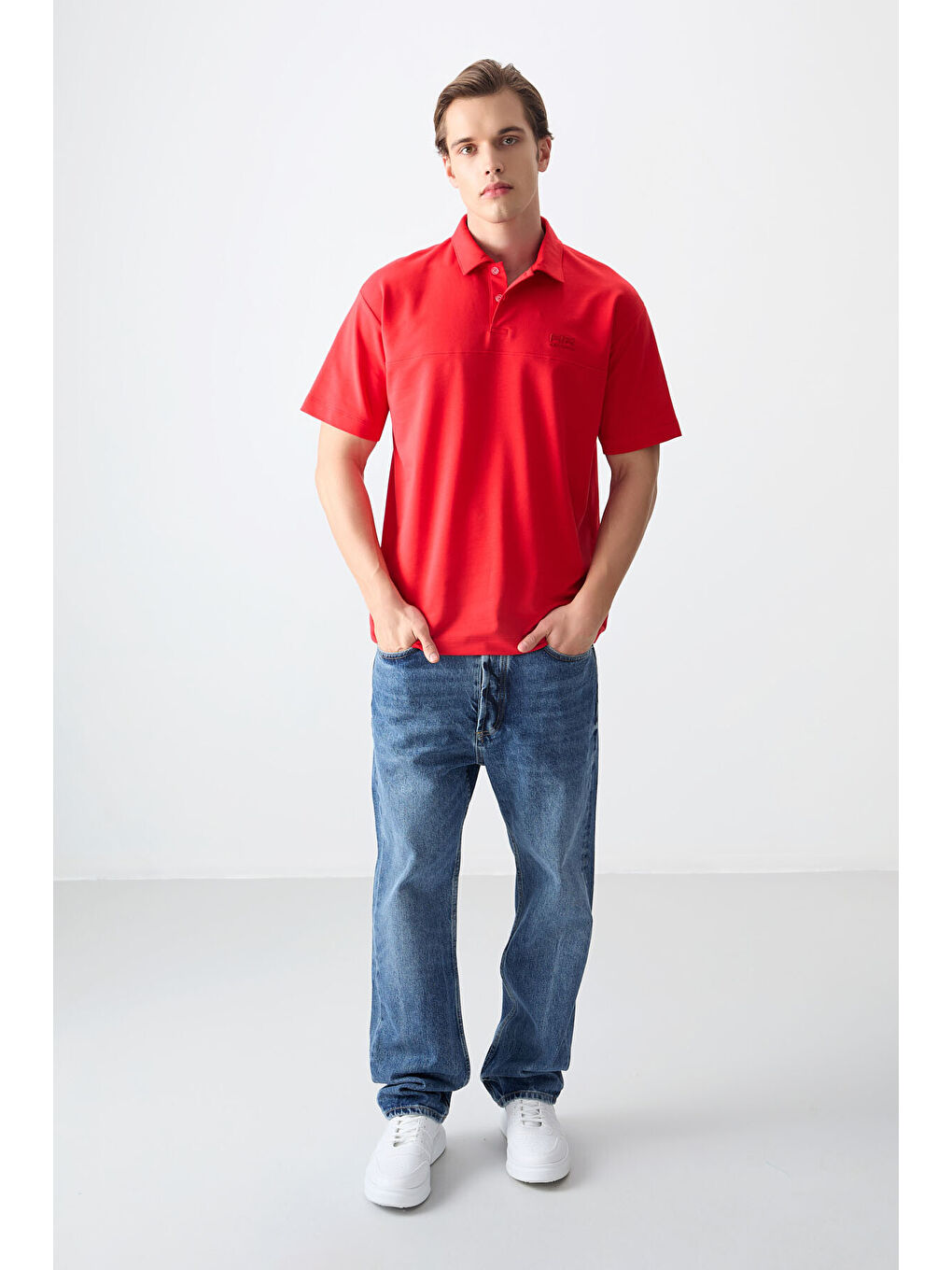Kırmızı Pamuklu Kalın Yumuşak Dokulu Polo Yaka Oversize Fit Basic Erkek Tişört-3
