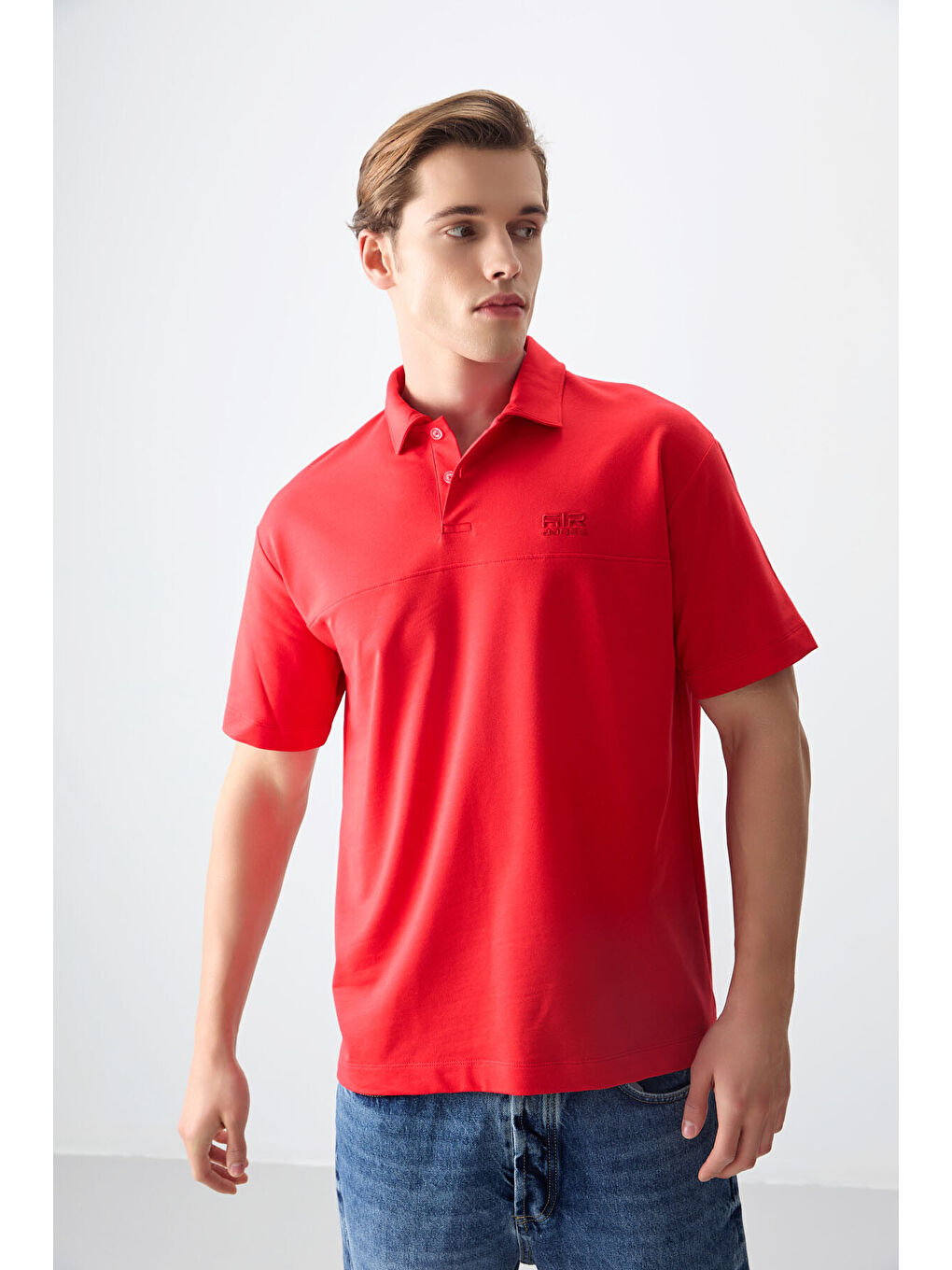 Kırmızı Pamuklu Kalın Yumuşak Dokulu Polo Yaka Oversize Fit Basic Erkek Tişört-4