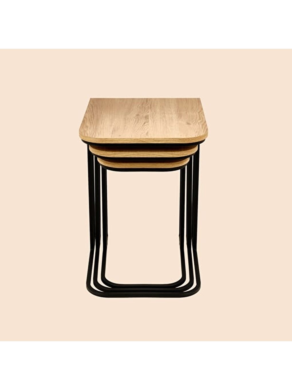 Bej Metal Ayaklı Tekerlekli C Zigon Sehpa - Karina Meşe - 62x48x41 cm-1