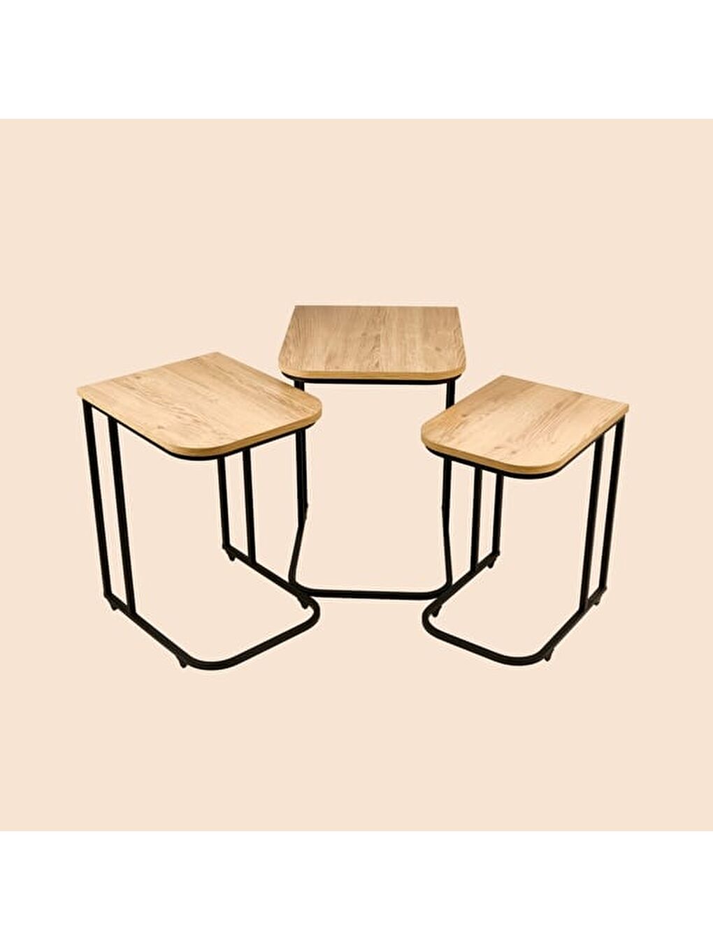 Bej Metal Ayaklı Tekerlekli C Zigon Sehpa - Karina Meşe - 62x48x41 cm-3