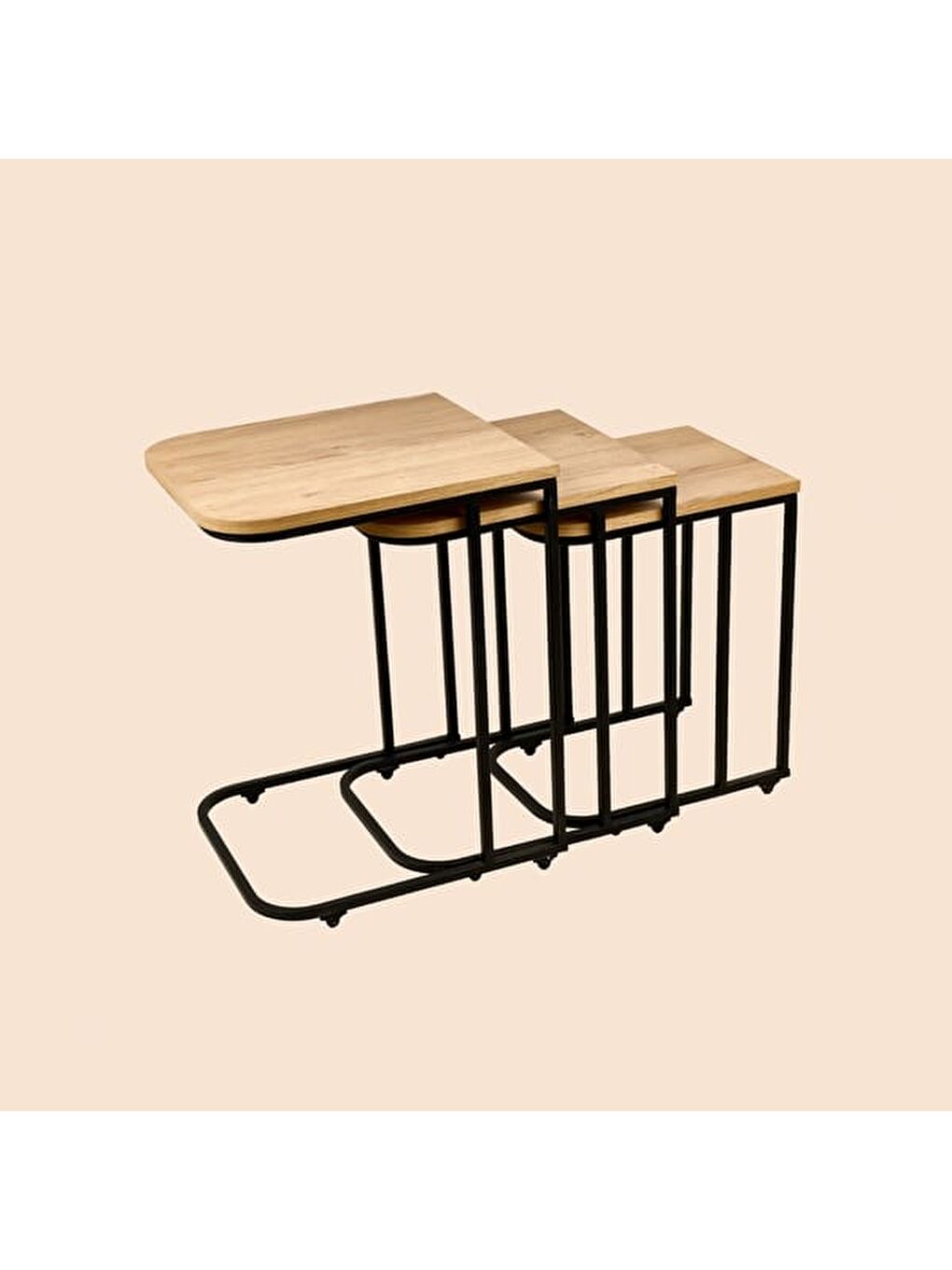 Bej Metal Ayaklı Tekerlekli C Zigon Sehpa - Karina Meşe - 62x48x41 cm-4