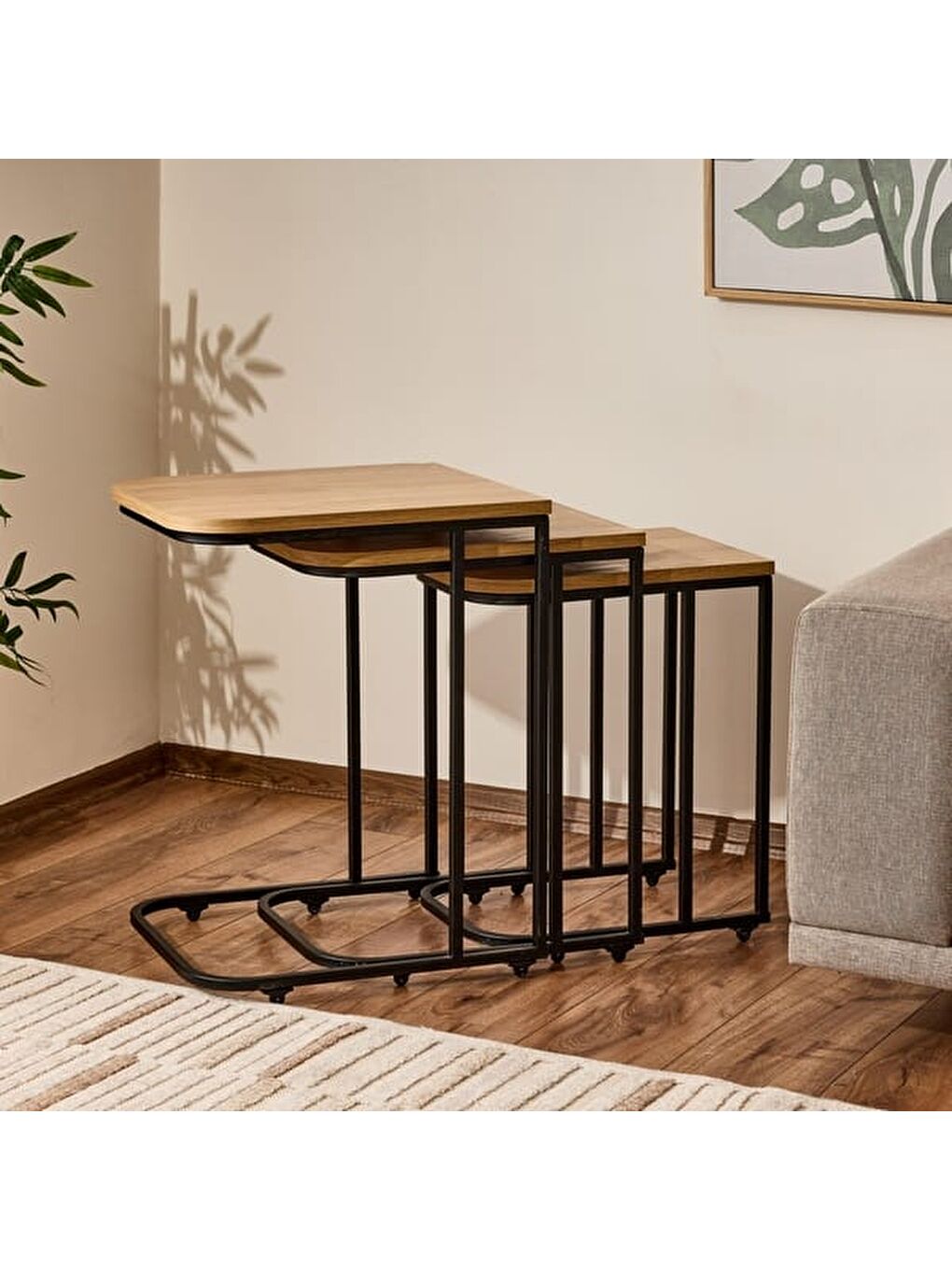 Bej Metal Ayaklı Tekerlekli C Zigon Sehpa - Karina Meşe - 62x48x41 cm-5