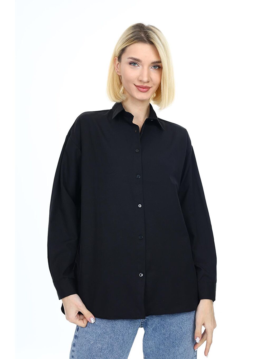 Siyah Kadın Gömlek-Terikoton Kumaş