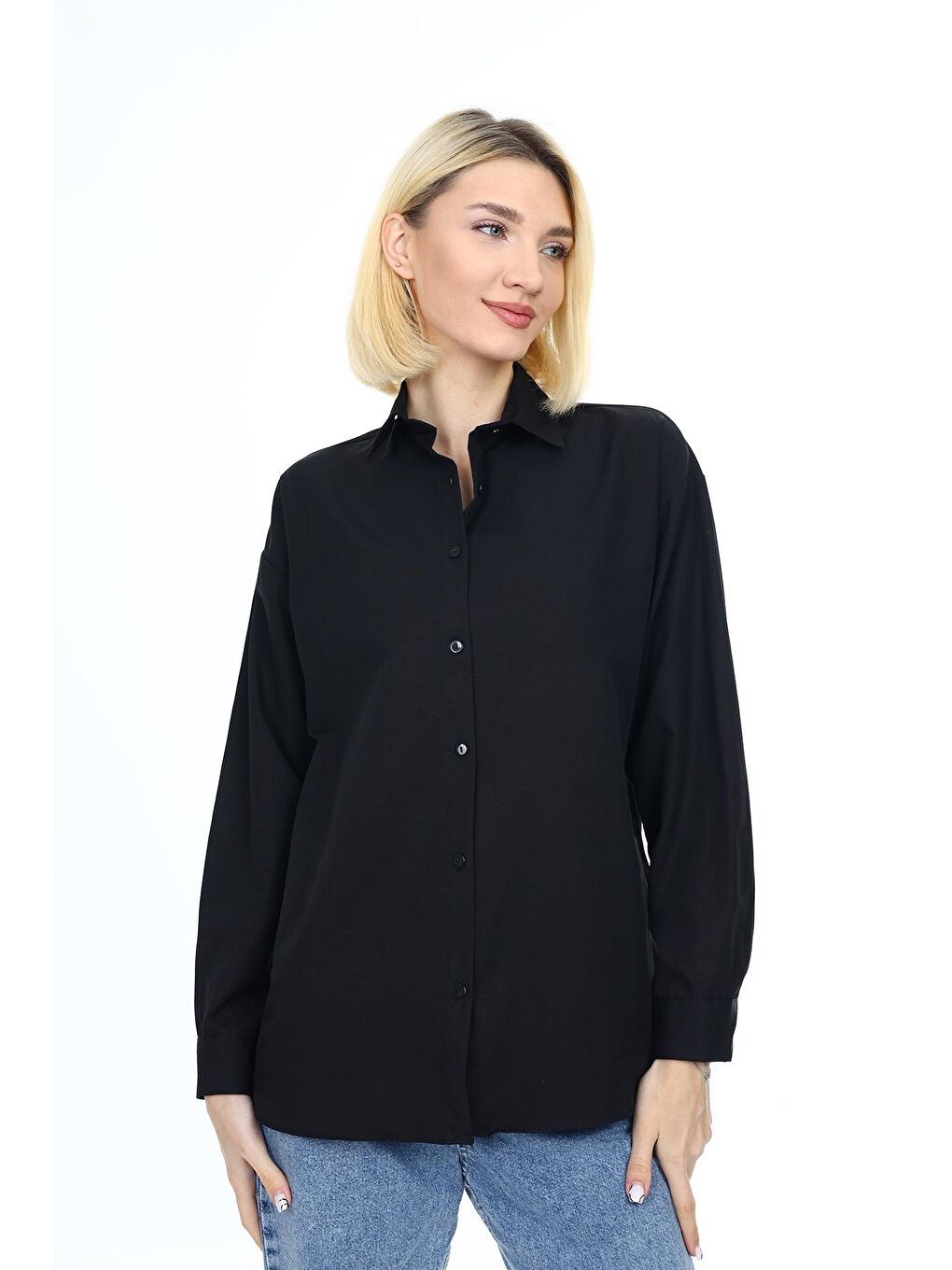 Siyah Kadın Gömlek-Terikoton Kumaş-2