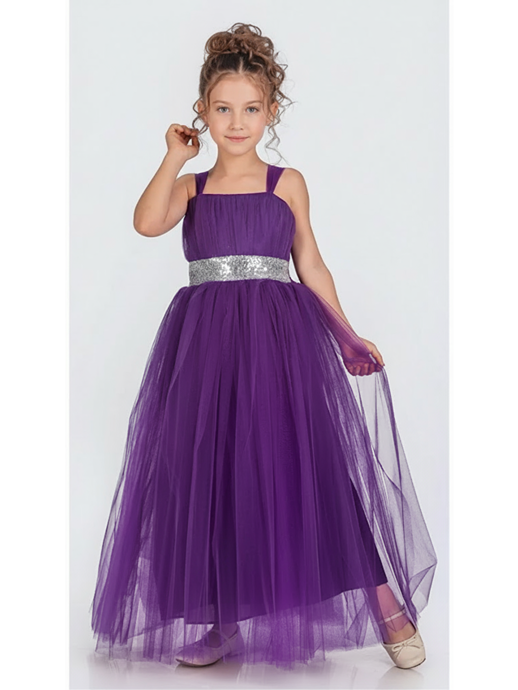 Mor Sırt Gipeli Tütü Etek Kız Çocuk Saten Parti Abiye Elbise