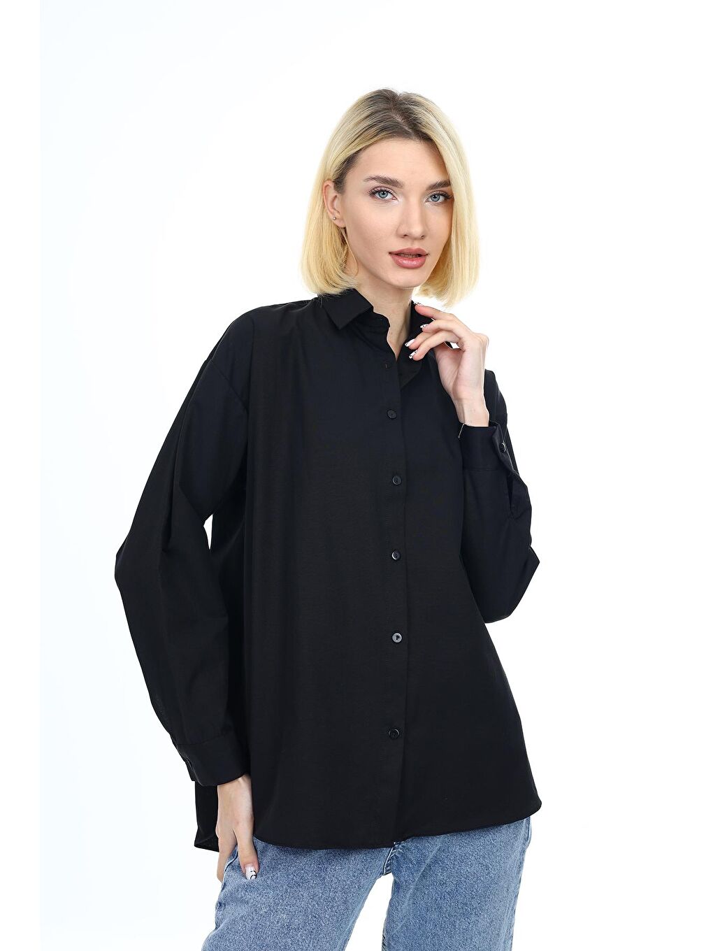 Siyah Kadın Gömlek-Terikoton Kumaş-4