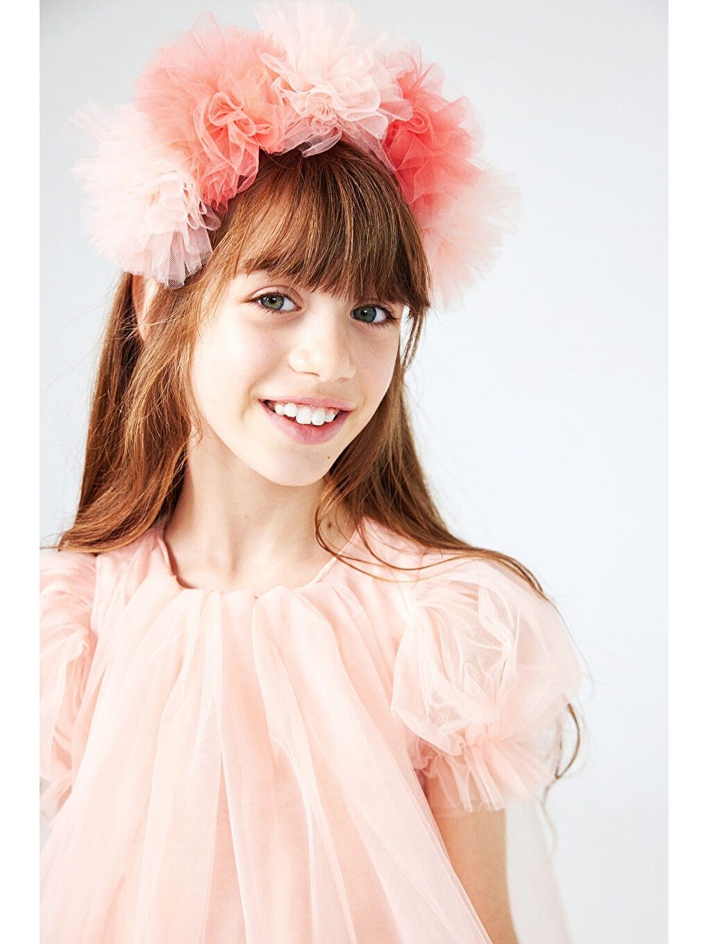 Pembe Pudra 5'li Tül Ponponlu Kız Çocuk Taç-1