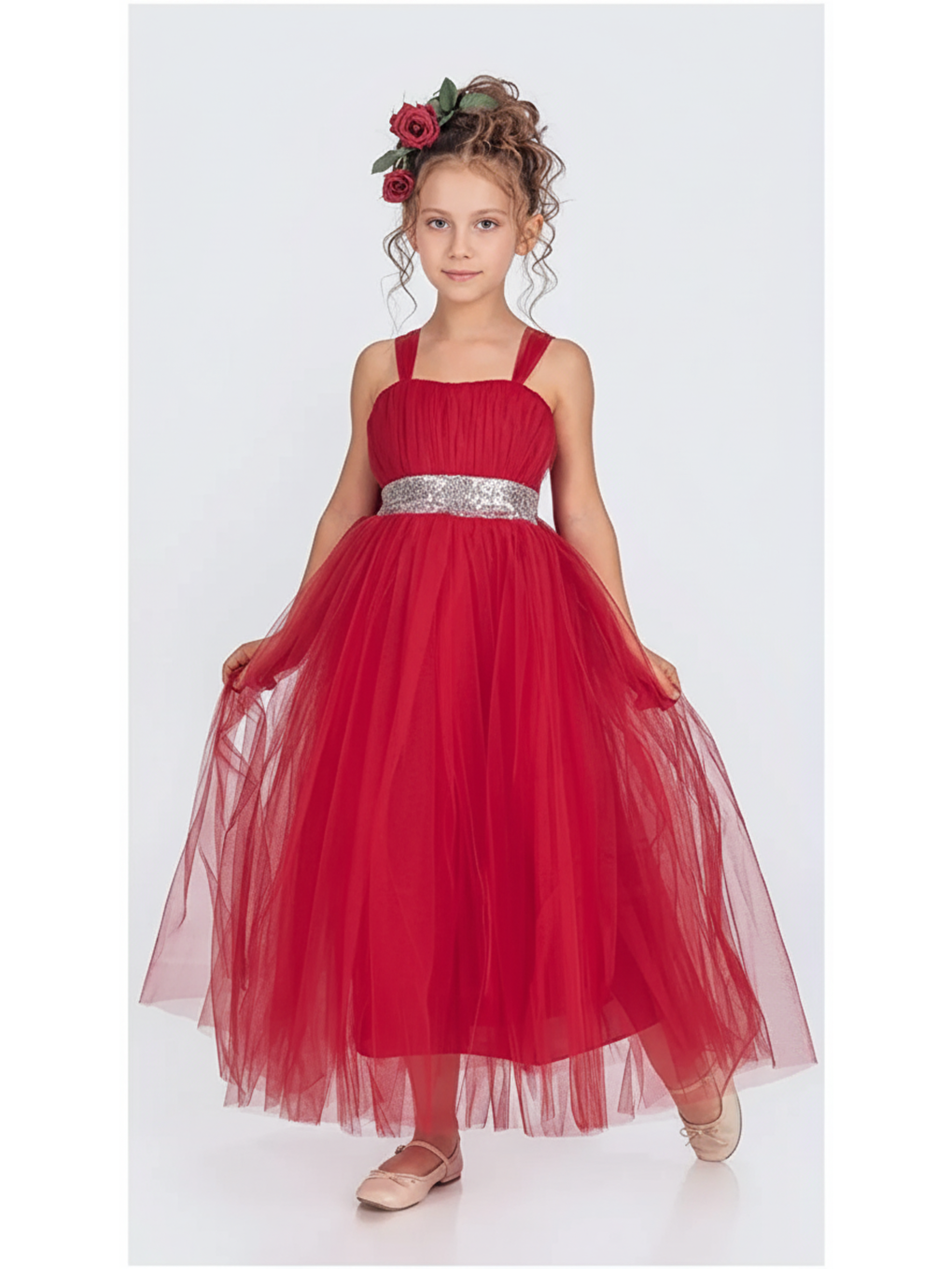 Kırmızı Sırt Gipeli Tütü Etek Kız Çocuk Saten Parti Abiye Elbise