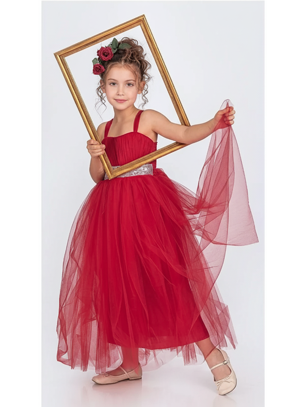 Kırmızı Sırt Gipeli Tütü Etek Kız Çocuk Saten Parti Abiye Elbise-1