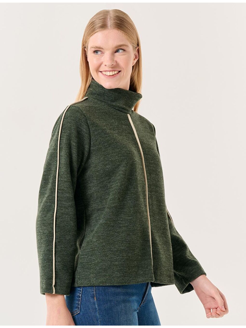 Haki Balıkçı Yaka Uzun Kollu Rahat Sweatshirt-2