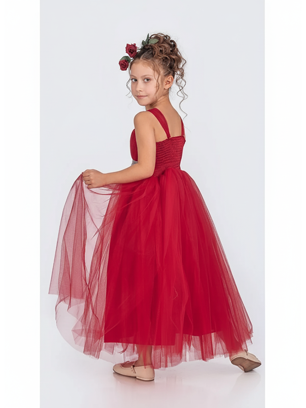 Kırmızı Sırt Gipeli Tütü Etek Kız Çocuk Saten Parti Abiye Elbise-2