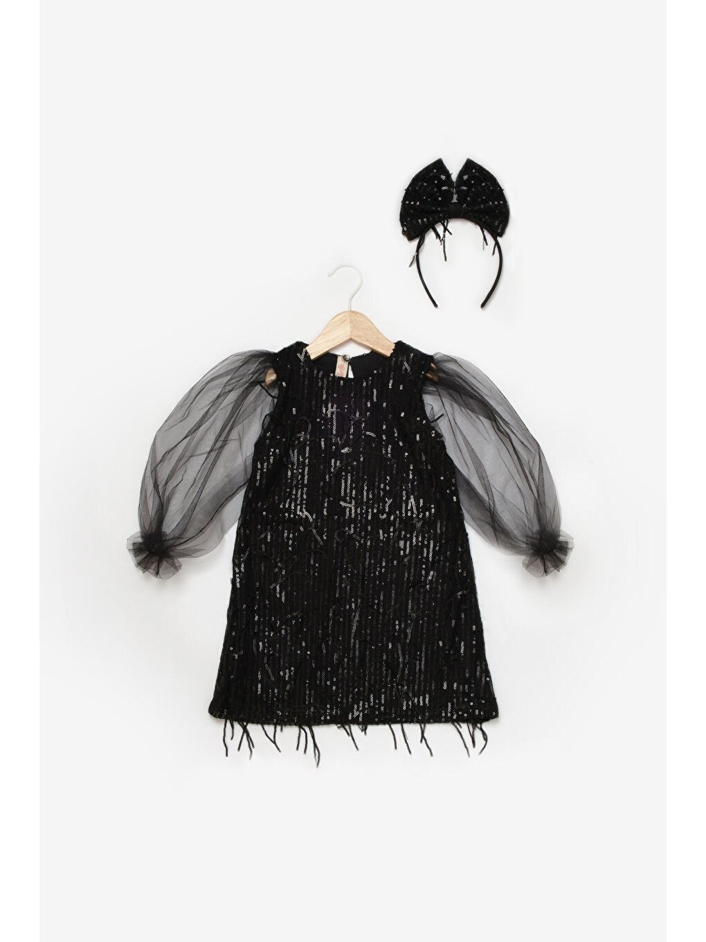 Siyah Pullu Saçak Detaylı Kız Çocuk Elbise - Emery-3