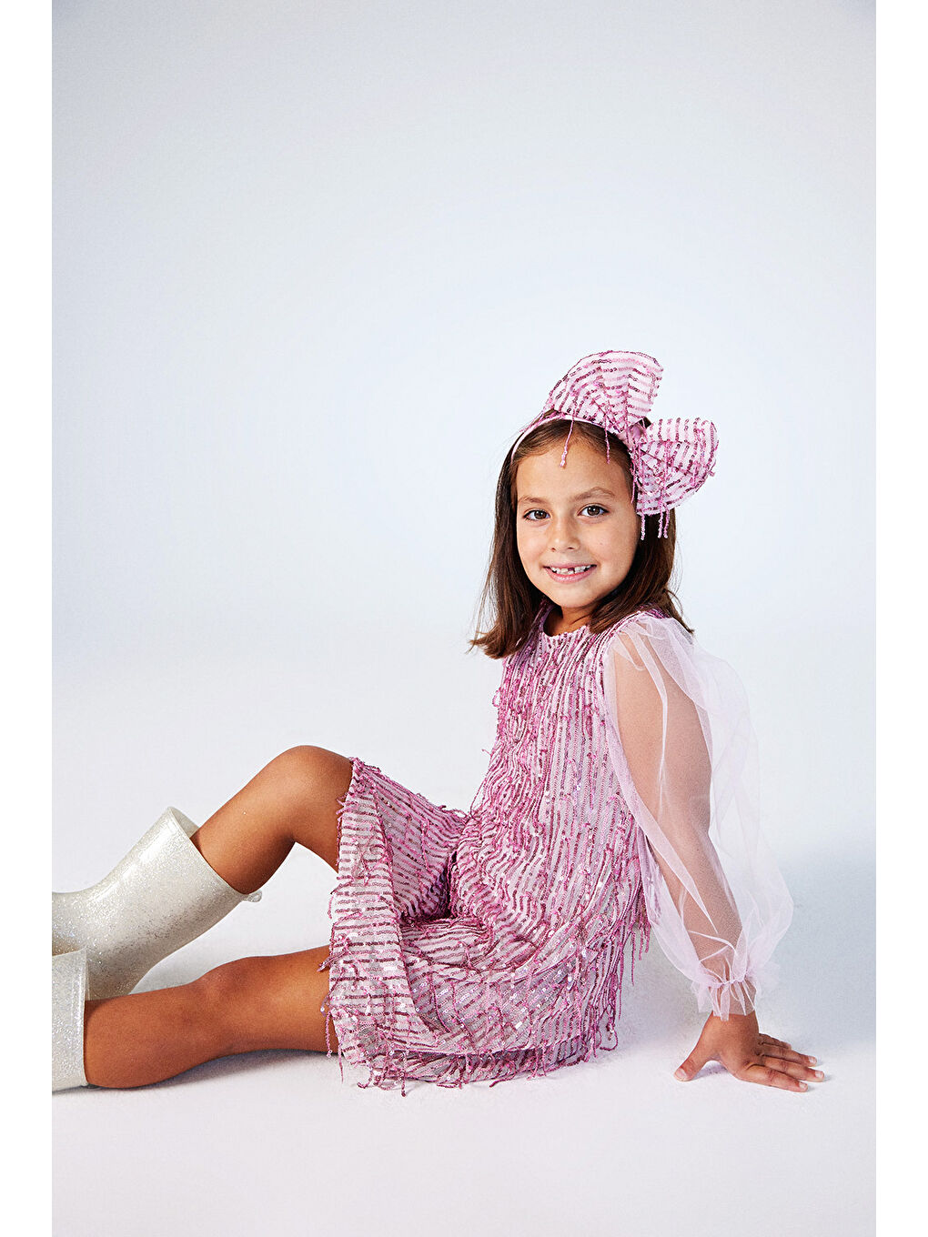 Pembe Pullu Saçak Detaylı Kız Çocuk Elbise - Emery-1