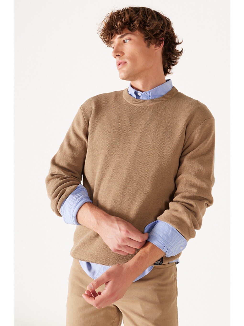 Bej Regular Fit Bisiklet Yaka Camel Tirko Kazak-2