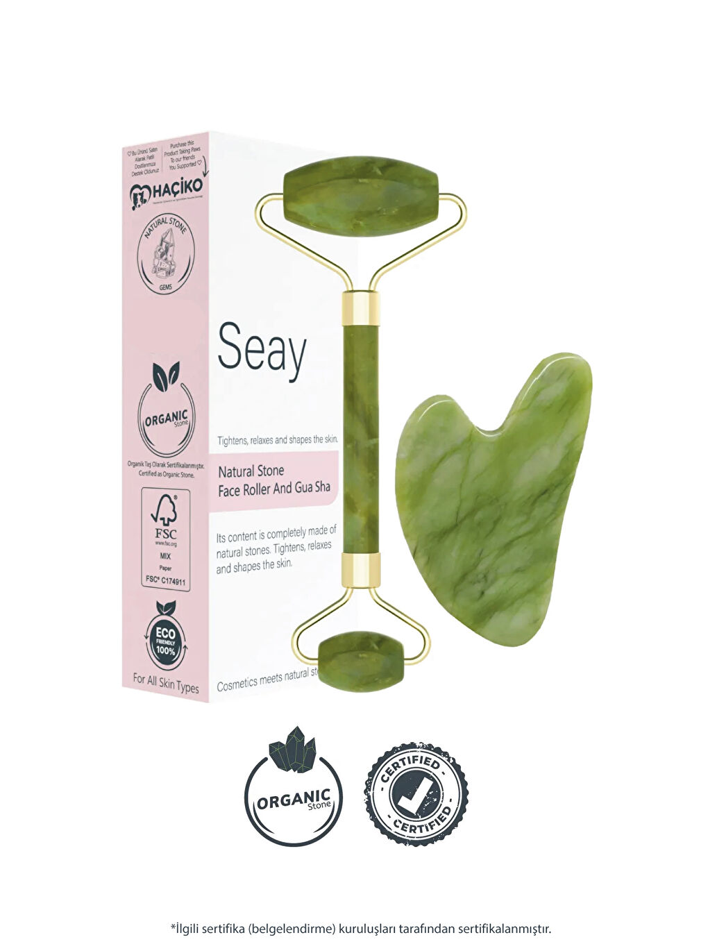 Yeşim Face Roller Ve Kalp Gua Sha Yüz Masaj Aleti Seti Premium Değerli Doğal Taş Sertifikalı