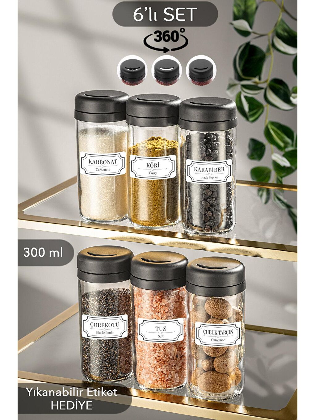 Renksiz 6 Adet Etiketli Cam Baharat Takımı - Döner Kapaklı Kavanoz Baharatlık Seti Tuzluk Biberlik 6x245 ml