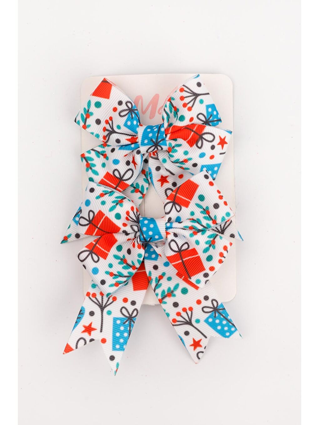 Beyaz Hediye Paketi Baskılı 2'li Kız Çocuk Fiyonk Klips Toka-1