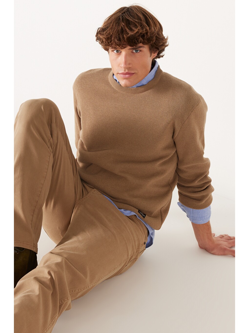 Bej Regular Fit Bisiklet Yaka Camel Tirko Kazak-4
