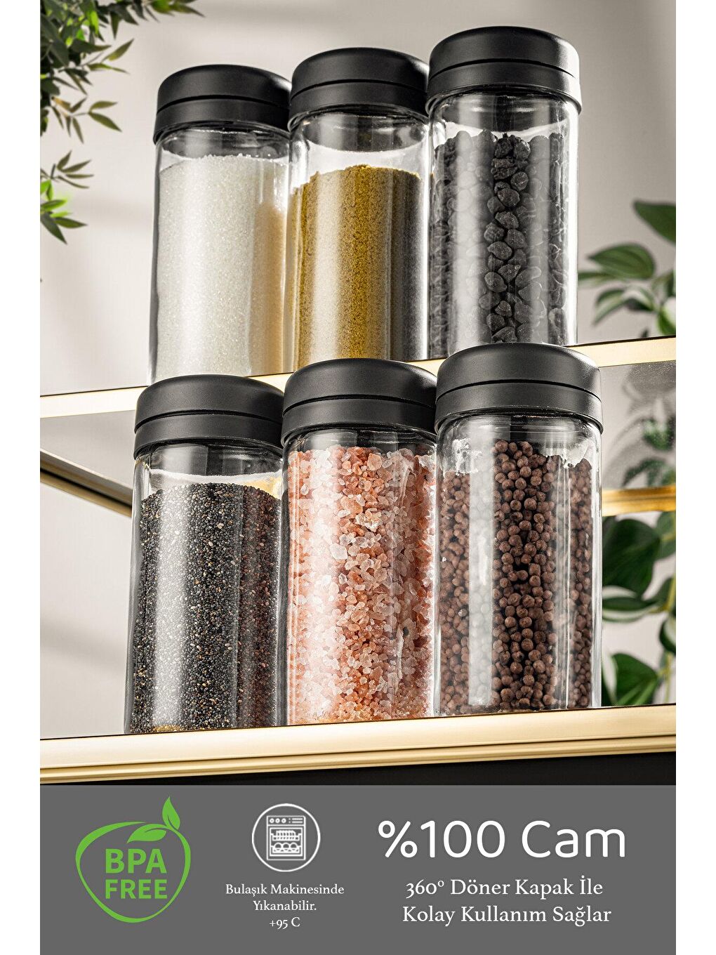Renksiz 6 Adet Etiketli Cam Baharat Takımı - Döner Kapaklı Kavanoz Baharatlık Seti Tuzluk Biberlik 6x245 ml-1