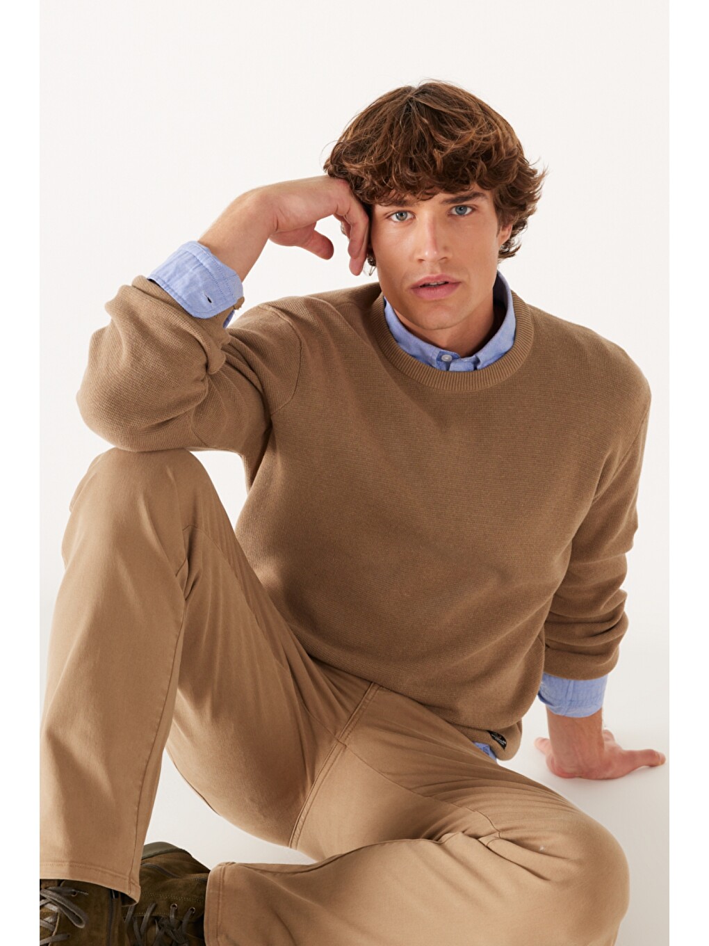 Bej Regular Fit Bisiklet Yaka Camel Tirko Kazak-5