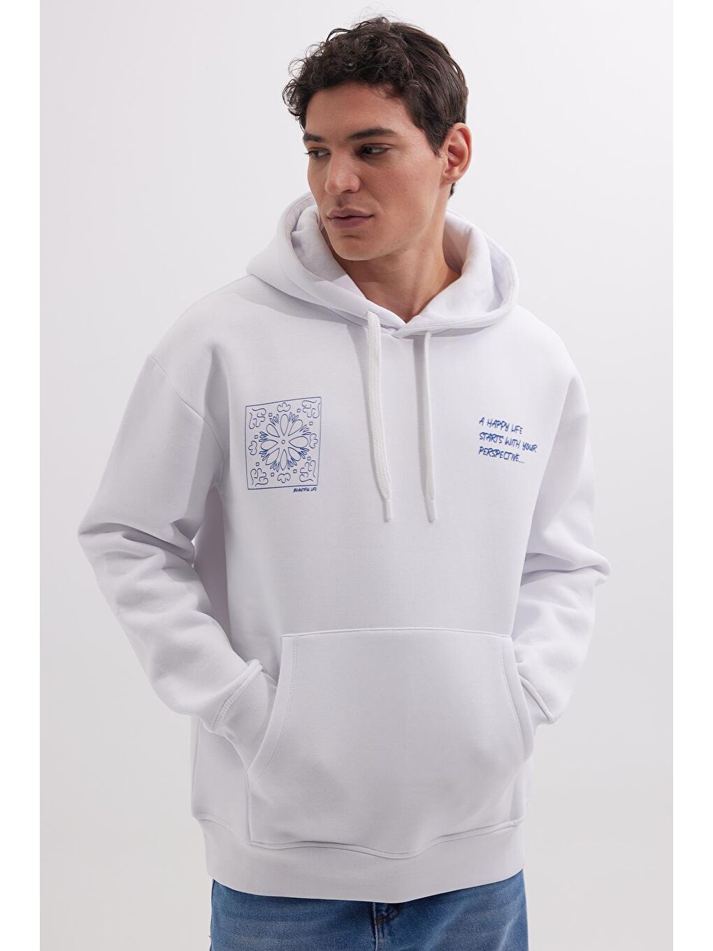 Unisex Oversize Geniş Kesim Pamuklu Yumuşak Dokulu İçi Polarlı Baskılı Beyaz Kapüşonlu Erkek Hoodie