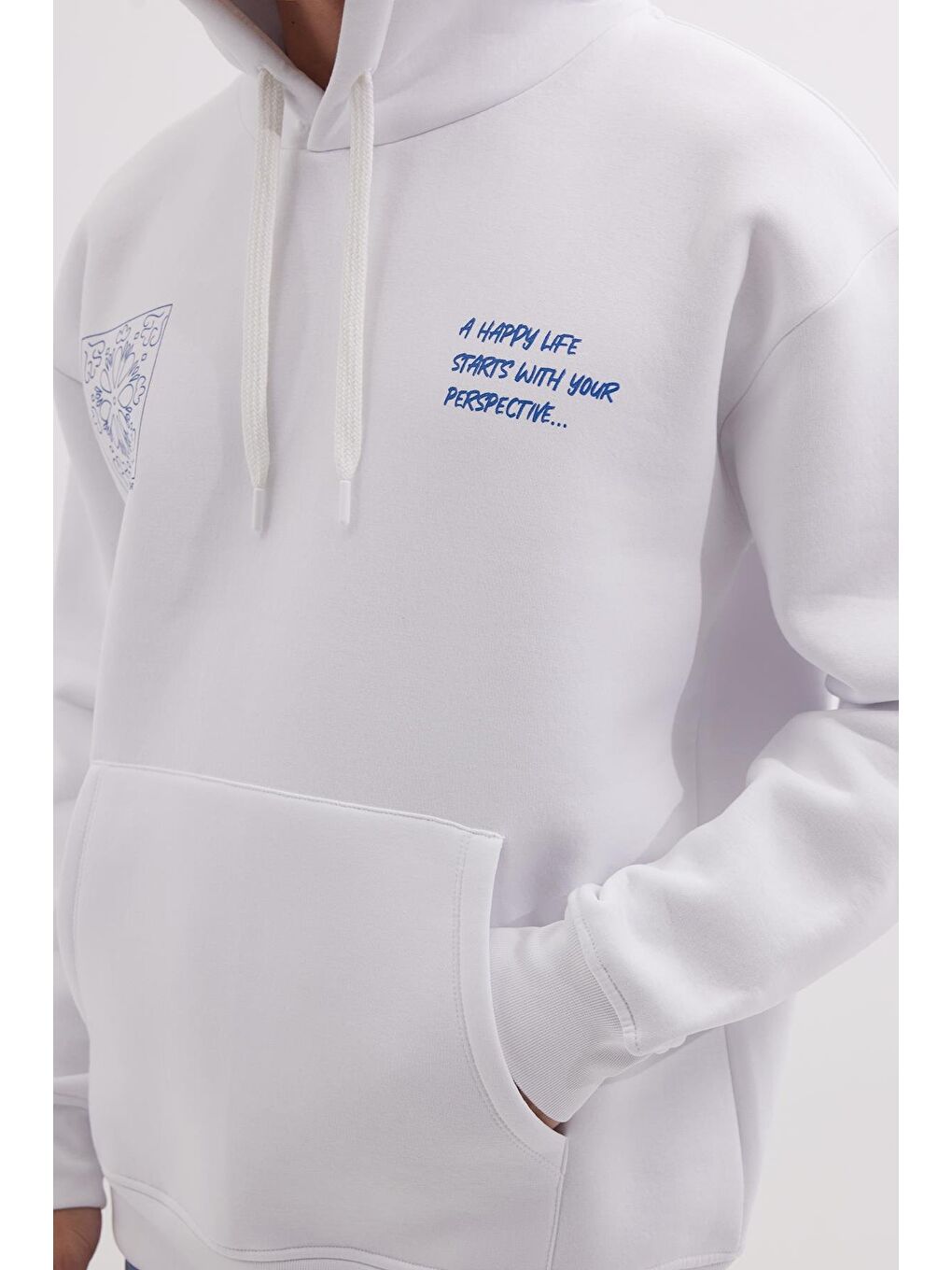 Unisex Oversize Geniş Kesim Pamuklu Yumuşak Dokulu İçi Polarlı Baskılı Beyaz Kapüşonlu Erkek Hoodie-2