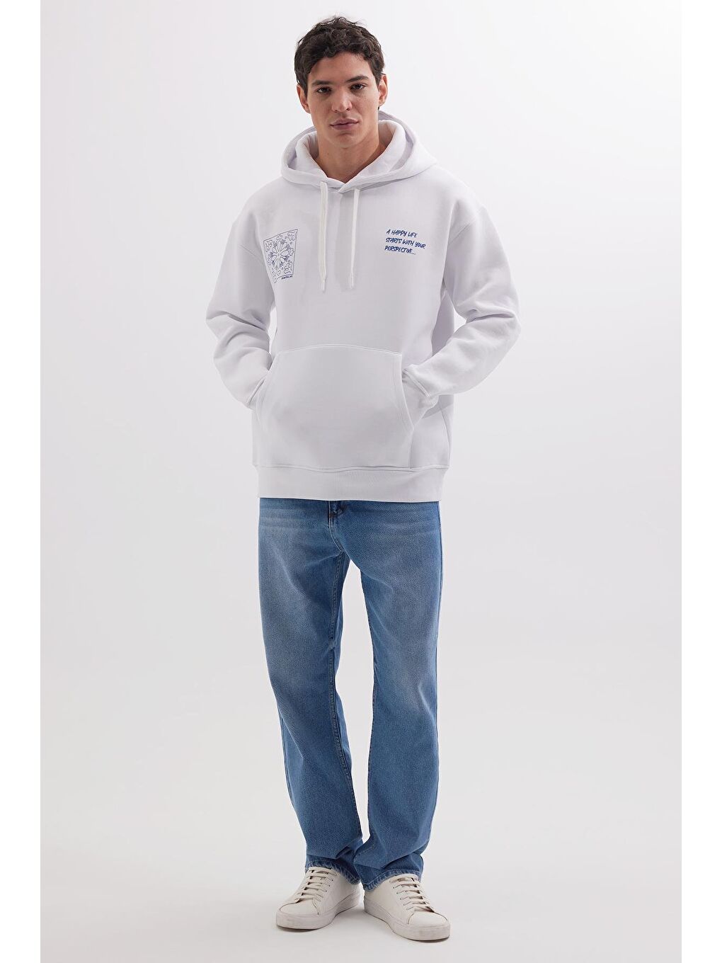Unisex Oversize Geniş Kesim Pamuklu Yumuşak Dokulu İçi Polarlı Baskılı Beyaz Kapüşonlu Erkek Hoodie-3