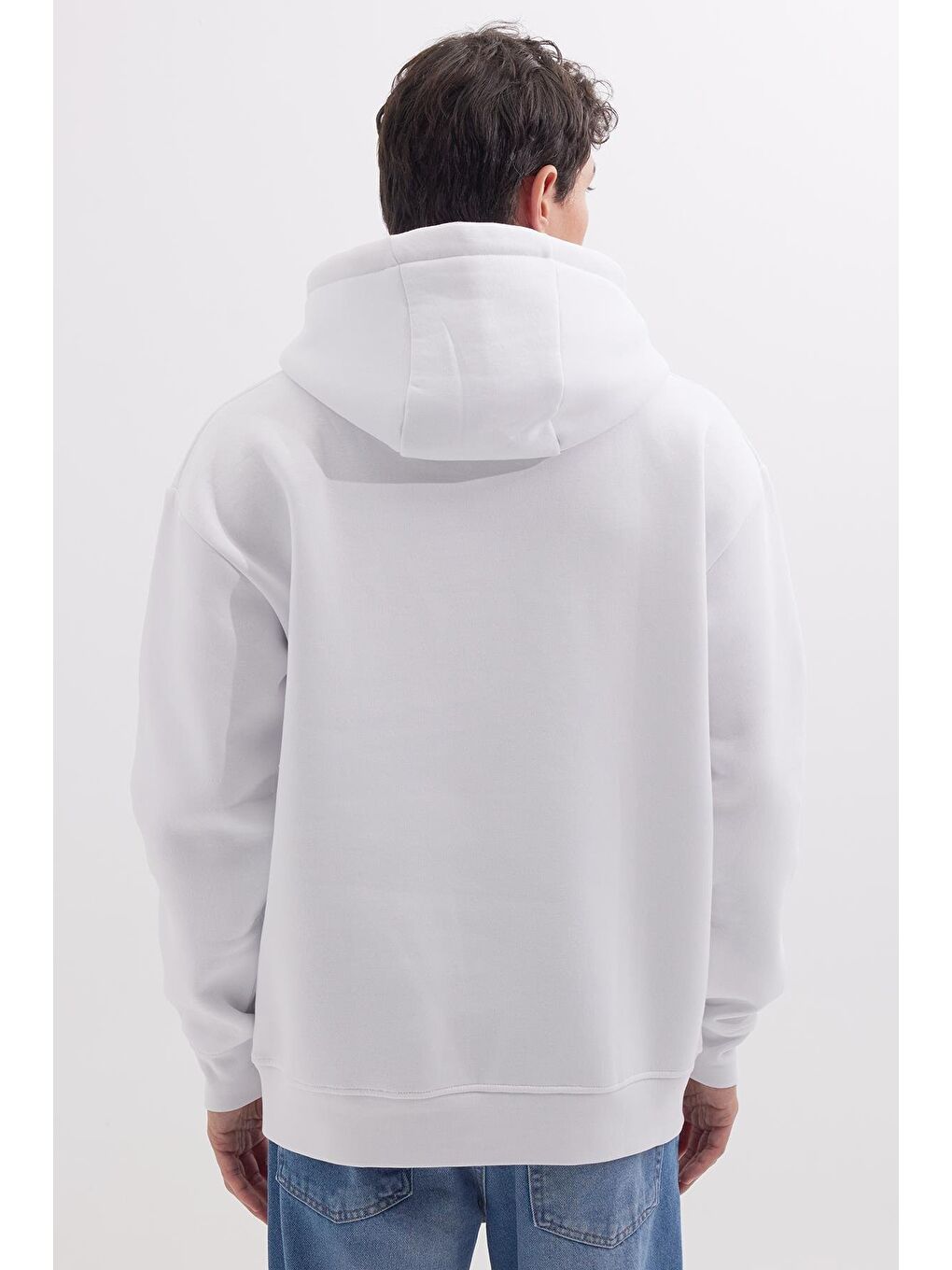 Unisex Oversize Geniş Kesim Pamuklu Yumuşak Dokulu İçi Polarlı Baskılı Beyaz Kapüşonlu Erkek Hoodie-6