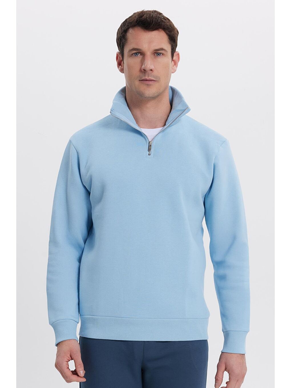 Unisex Relax Fit Rahat Kesim Pamuklu İçi Polarlı Yarım Fermuarlı Mavi Dik Yaka Sweatshirt-1