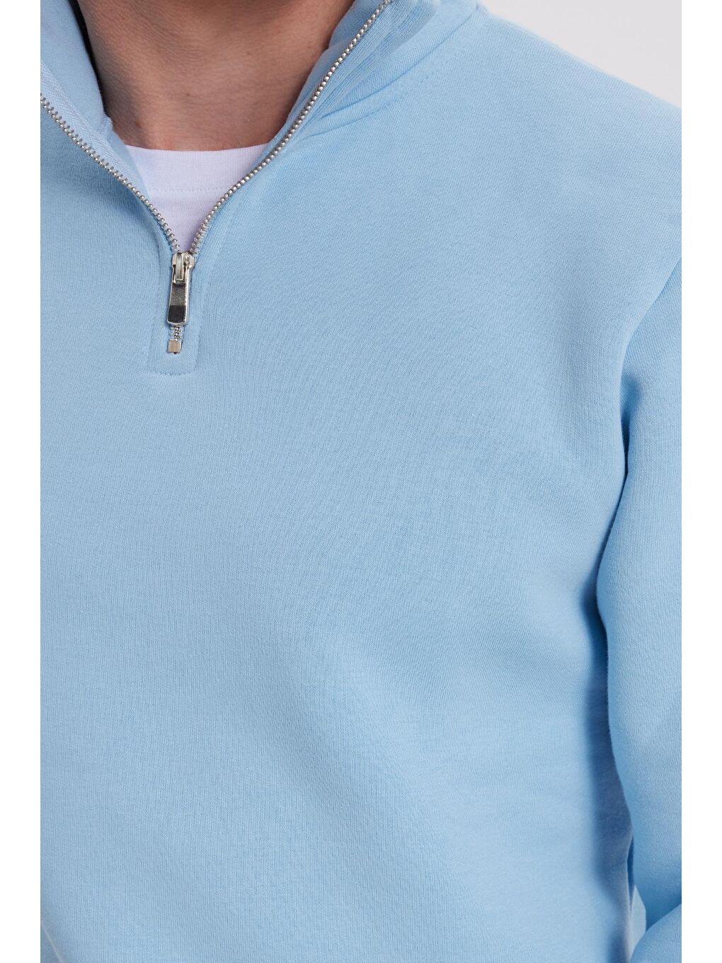 Unisex Relax Fit Rahat Kesim Pamuklu İçi Polarlı Yarım Fermuarlı Mavi Dik Yaka Sweatshirt-2