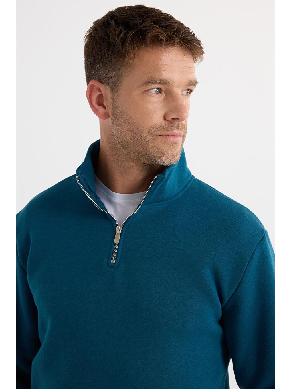 Unisex Relax Fit Rahat Kesim Pamuklu İçi Polarlı Yarım Fermuarlı İndigo Dik Yaka Sweatshirt-1