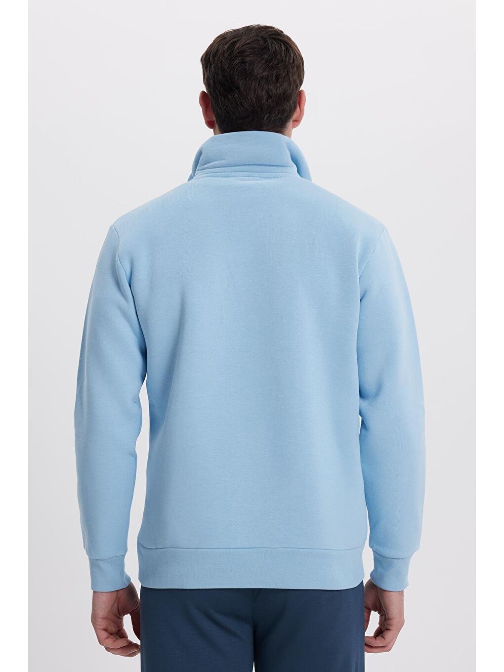 Unisex Relax Fit Rahat Kesim Pamuklu İçi Polarlı Yarım Fermuarlı Mavi Dik Yaka Sweatshirt-6