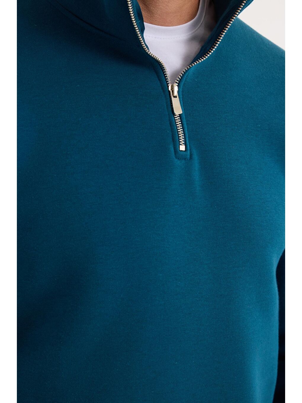Unisex Relax Fit Rahat Kesim Pamuklu İçi Polarlı Yarım Fermuarlı İndigo Dik Yaka Sweatshirt-2