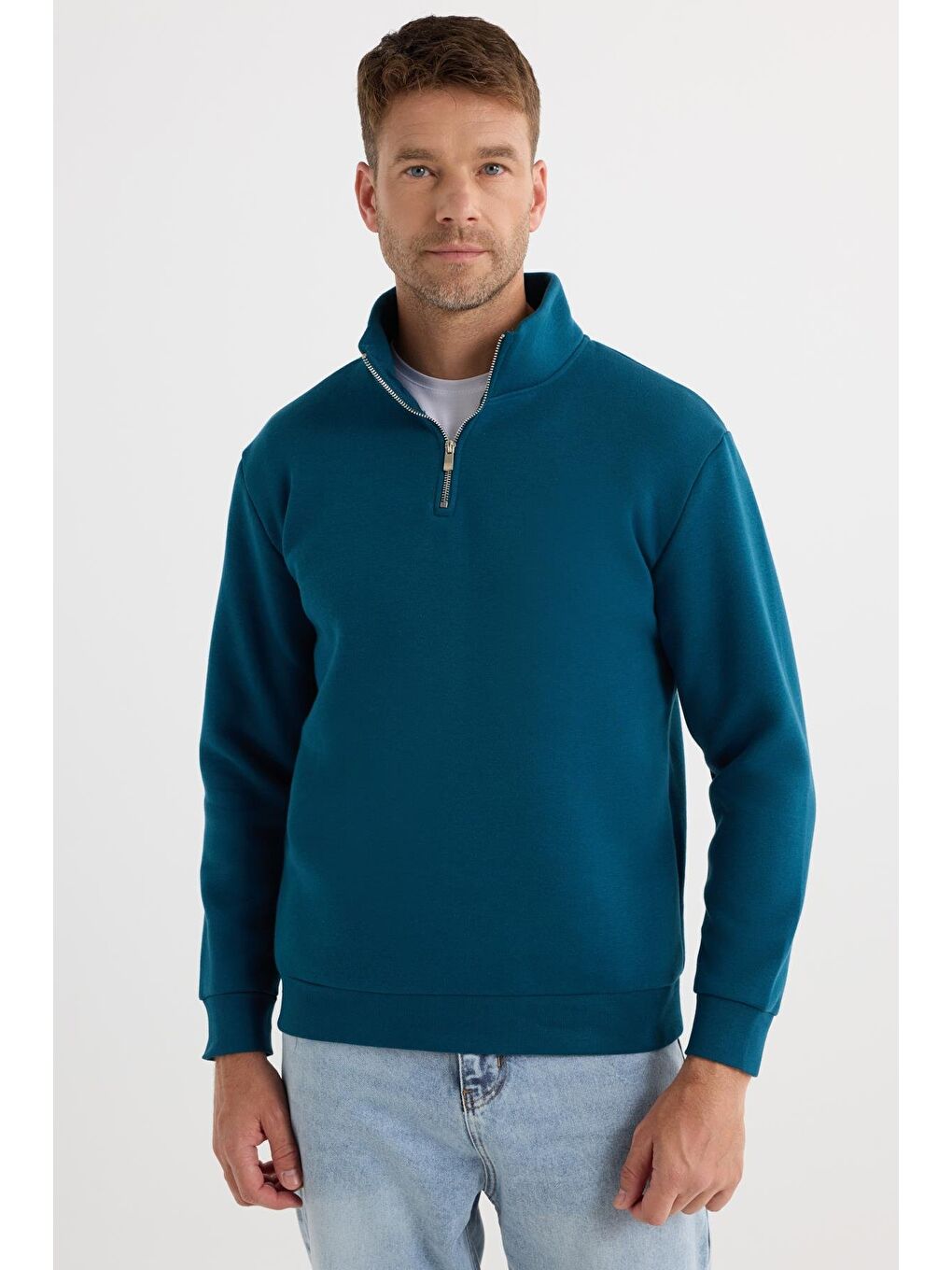 Unisex Relax Fit Rahat Kesim Pamuklu İçi Polarlı Yarım Fermuarlı İndigo Dik Yaka Sweatshirt-3